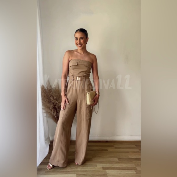 Zara cargo jumpsuit wide leg sleeveless tan belted - Picture 6 of 8